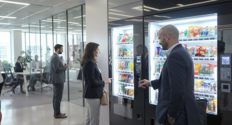 Distributeur automatique moderne dans un environnement professionnel dynamique