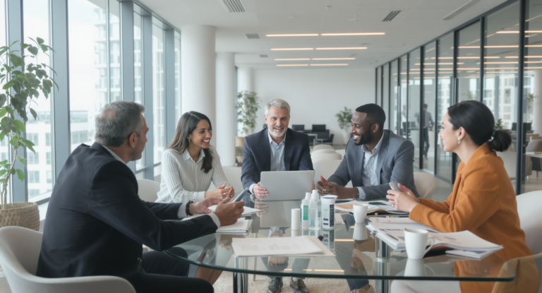 Professionnels évaluant des options de distributeurs de produits pour entreprises
